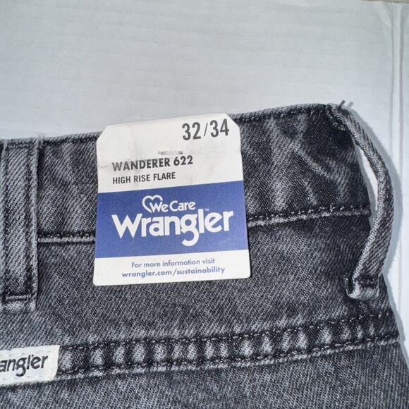 Wrangler WANDERER 622 HIGH RISE FLARE W Patch Black Distressed Jeans Women 32x34 - Picture 11 of 13